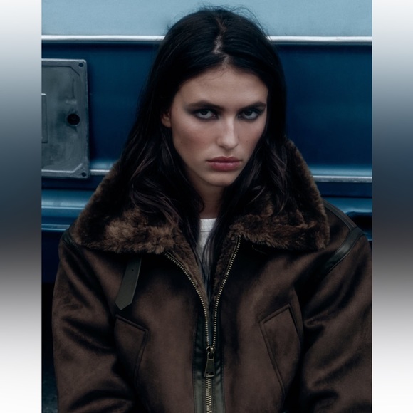 Zara double faced jacket aviator bomber coat faux fur suede brown XS 6318/239 - Picture 13 of 16